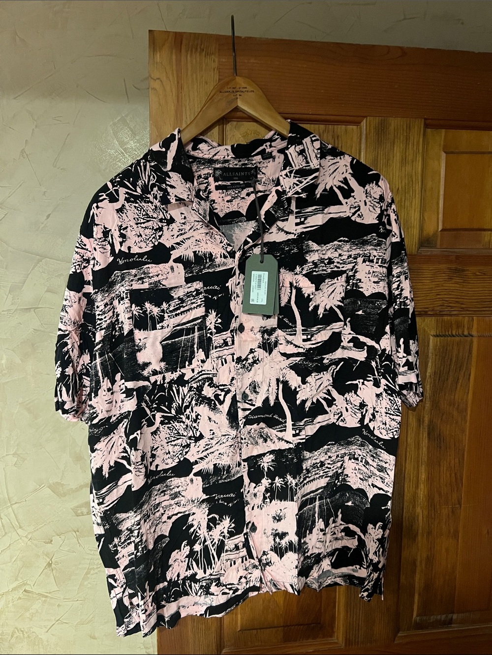 All Saints Black & Pink Short-Sleeve Graphic Button-Down Shirt